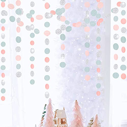 Glitter Silver Dusty Blue Pink Circle Garlands for Party Decorations Hanging Dots Streamer Backdrop Decor Winter Wonderland Birthday Wedding Bridal Baby Shower Engagement Party Supplies