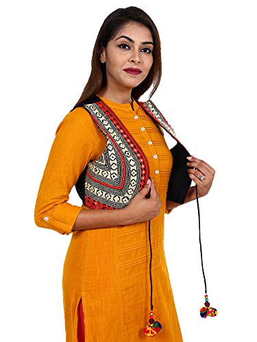 Image of Craft Trade Women's Cotton Embroidered Kutchi Jacket with Tassels Sleeveless Mirror Work