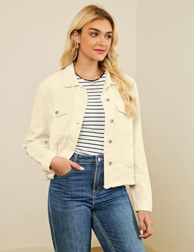 Image of luvamia Denim Jacket for Women Distressed Jean Jackets Button Up Vintage Western Trucker Jacket Frayed Hem Pockets