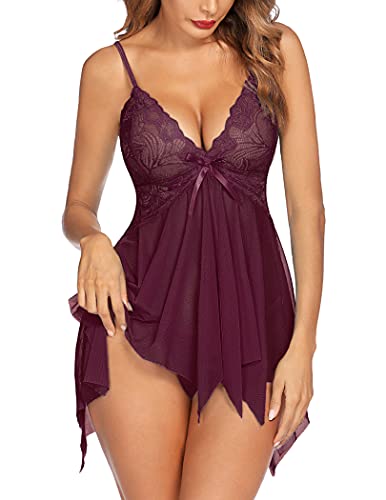 Avidlove Women Lingerie Lace Babydoll V Neck Sleepwear Strap Chemise Deep Red