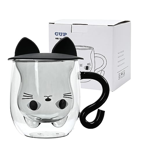Cymax Süße Katzentassen mit Deckel & Henkel Doppelwandige Tassen Katzentee Kaffeetasse 250ml Milchtasse Geschenk für Katzenliebhaber Ideen Geburtstag Valentinstag Halloween Weihnachten