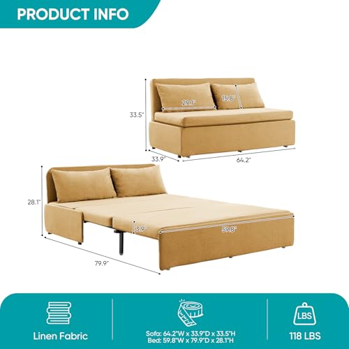 Image of BALUS 2 in 1 Queen Size Sleeper Chair Pull Out Sofas Couch with Pullout Beds, 43 inch W Convertible Guest Sleepers Chair Bed Sofabed with Pillows and Mattress for Living Room Apartment Loft, Yellow