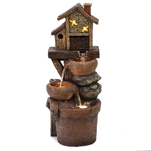 Luxenhome 29.1" H Bowls And Birdhouse Resin Outdoor Fountain With Led Lights #TOP3