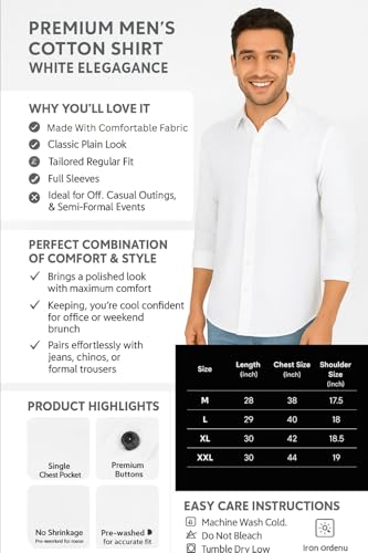 Image of Hamron Men's Cotton Casual Shirt, Regular Fit, White, Full Sleeve, Single Pocket, Classic Collar