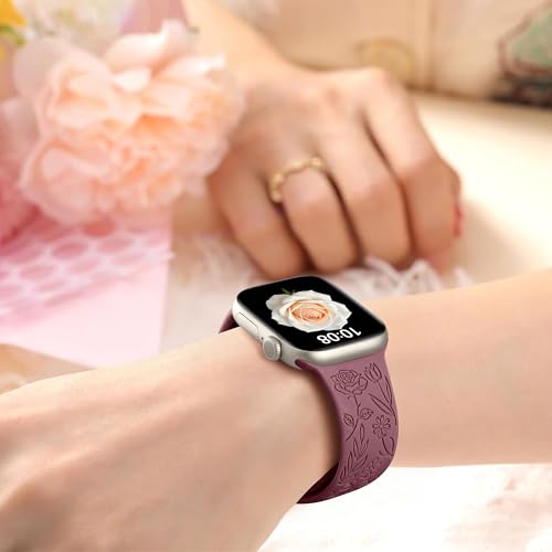 Image of SNBLK 6 Pack Floral Engraved Bands Compatible with Apple Watch Bands 40mm 41mm 42mm 38mm 44mm 45mm 46mm 49mm Women Men, Silicone Flower Pattern Strap for iWatch Series 11 10 Se Ultra 9 8 7 6 5 4 3 2 1