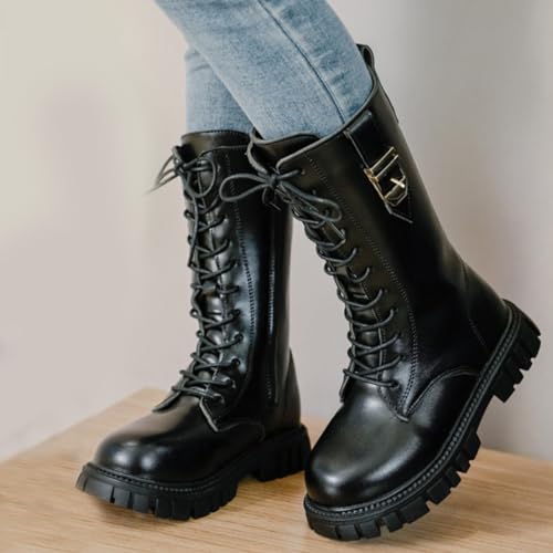 Girls Fashion Boots Lace up Side Zipper Ankle Booties Waterproof Fashion Western Boots Mid Calf Riding Shoes3