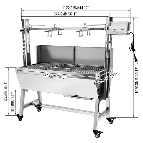 132LBS Stainless Steel Rotisserie Grill with Back Cover Guard, 25W Motor Small Pig Lamb 37 Inch BBQ Charcoal Rotisserie Roaster Grill for Camping Outdoor Kitchen