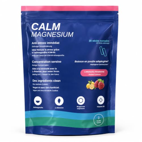 SuperCalm Cortisol Anti Stress | Formule Ashwagandha, L-Theanine + Magnesium Glycinaat & Vitamine D3 | Verlicht dagelijkse stress | 0 Suiker Smaak Framboos 100% natuurlijk | Eenvoudige en aangename