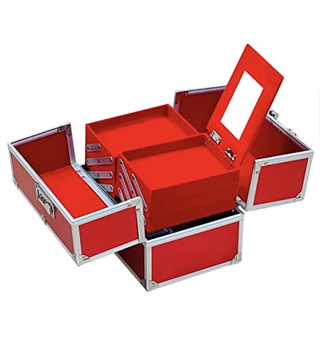 Image of Adson Professional Beauty Make Up Cosmetic Vanity Box /Case 6 Trays With Mirror (Diamond Cut Red)