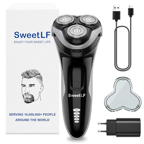 SweetLF [2024 NEU] Elektrischer Herrenrasierer für den Nass- und Trockengebrauch, wiederaufladbar mit wasserdichter IPX7-Technologie, mit Barttrimmer, 4D-Drehköpfen und LED-Display