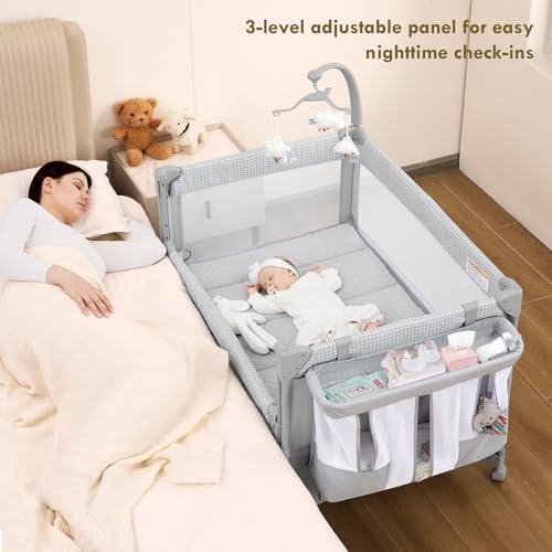 Image of GAIVE Baby Bassinet Bedside Crib, Pack and Play with Mattress, Diaper Changer, One-Push Setup Playards from Infants to Toddlers (Grey)