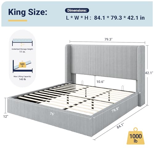 Image of Allewie King Lift-Up Storage Bed Frame, Corduroy Wingback Headboard, Grey