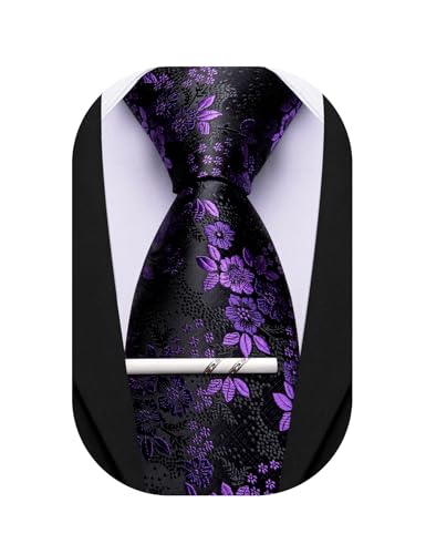 Image of Barry.Wang Floral Ties for Men Flower Necktie with Tie Clip Formal