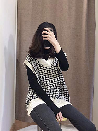 Image of WFHFNJW Women Houndstooth Pattern Knit Sweater Vest Sleeveless Loose V-Neck 90s Waistcoat Pullover Knitwear Top