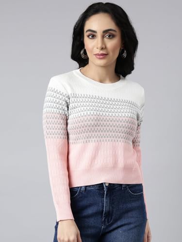 Image of SHOWOFFFF Women Geometric Fitted Casual Top | Round Neck Full Sleeves Knitted Top's for Womens | Regular Fit Midi Tops for Women's