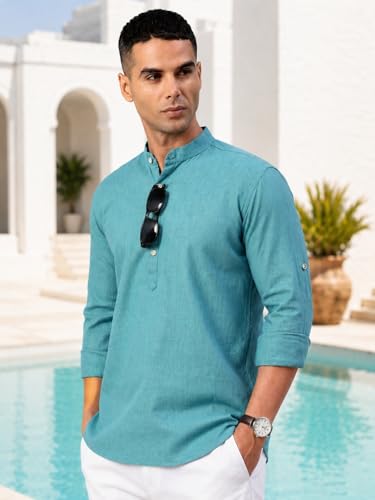 Image of Majestic Man Men's Pure Cotton Solid Mandarin Collar Slim Fit Roll-Up Sleeves Short Kurta Lightweight Summer Kurta for Daily & Occasion Use