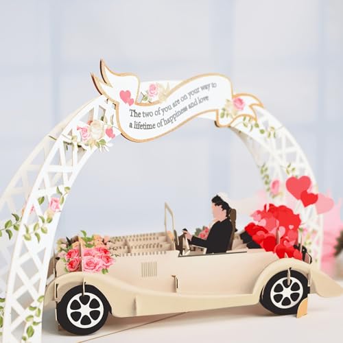 pekifaves Tarjeta de felicitación 3D de boda desplegable con sobre, tarjeta de coche de boda con novia y novio, coche antiguo y diseño de flores, para San Valentín, compromiso, luna de miel