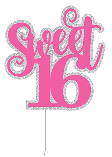 SVM CRAFT® Sweet 16 Cake Toppers- Silver Glitter n Plain Pink, Sweet 16 Cake Topper, Sweet 16 Birthday Cake Topper, 16th Birthday Cake Topper, Sweet 16 Decorations for Cake, Sweet 16 Decorations