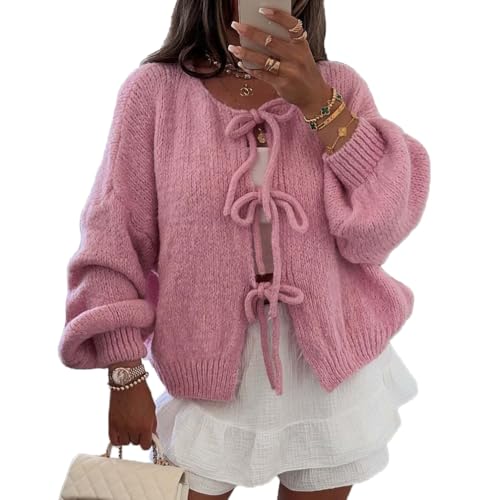 Image of Women Casual Bow Tie Front Cardigan Sweater Solid Crew Neck Long Sleeve Self Tie Open Front Knit Sweater Top Fall