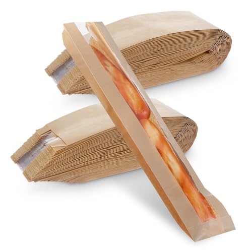 JOUTYFOR 100 Pieces Paper Bread Bag with Window for Homemade Bread Bags Baguette Bags Brown Kraft Loaf Storage Sacks Long French Bread Bags Bread Biscuits Packaging (4 x 2 x 24 Inch)