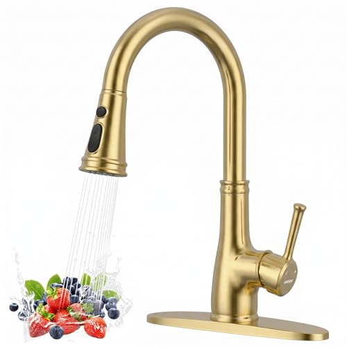 Image of WEWE Vintage Kitchen Faucet with Pull Down Sprayer, Stainless Steel 1 or 3 Hole High Arc Single Handle Antique Sink Faucet for Classic Modern Ktichen, Gold Bar & Prep Sinks