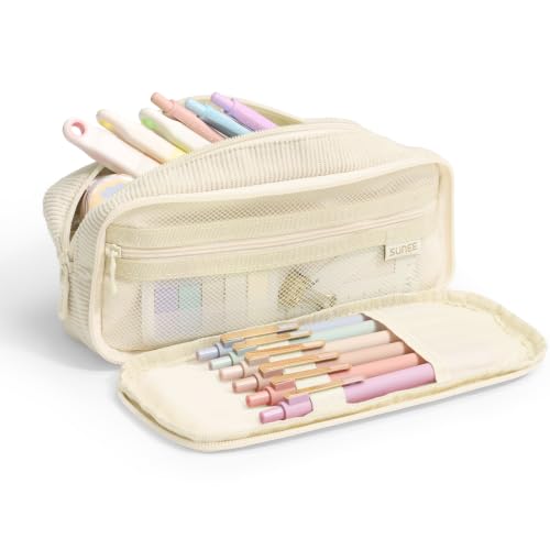Image of SUNEE Pencil Case, Large Capacity Pencil Pouch, Aesthetic Big Pen Bag, Soft Corduroy Fabric Pen Box for Office Stationery Organizer School Supplies Multifunctional for Teen Boys Girls Women Men, Cream