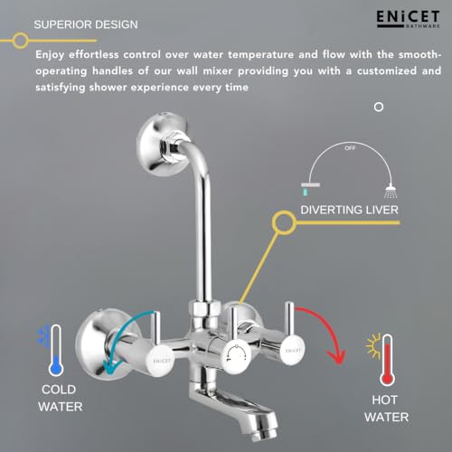 Image of ENICET Brass Wall Mixer with 190mm Long Bend Pipe, Chrome Finish, Provision for Overhead Shower, Wall Mixer for Bathroom, Water Mixer Tap for Bathroom Full Set (WITH SHOWER)