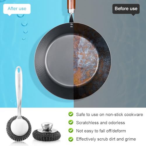 Image of Stainless Steel Wool Scrubber with Handle, 3Pcs Detachable Metal Steel Scrubber Wool Pads for Cleaning Dishes, Metal Scrubber Pot Scrubbers Can Clean Iron Pots Stoves