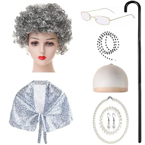 Costume vieille dame enfant 9 pcs avec châle et lunettes pour déguisement carnaval