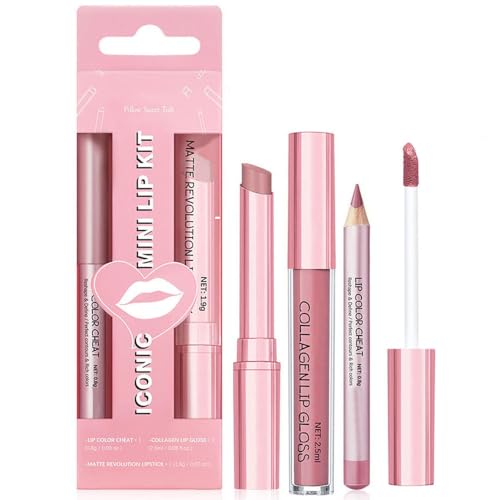 3PCS Matte Liquid Lipstick and Lip Liner Set - Nude Pink Lip Gloss & Lip Liner Set/Hydrating Tint Lip Balm, Collagen Lip Gloss For Dry Lips, Waterproof Make Up Set (Set 01)
