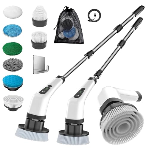 Image of Electric Spin Scrubber, Leebein Cordless Cleaning Brush with 8 Replaceable Brush Heads, Tub and Floor Tile 360 Power Scrubber Dual Speed with Adjustable & Detachable Handle for Bathroom Kitchen Car