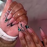 Lange Lot de 24 faux ongles à presser Stiletto avec strass verts, ongles en acrylique pailleté, jolis ongles à coller pour femme