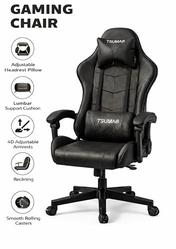 Image of Ergonomic Gaming & Office Chair with Adjustable Headrest and Lumbar Support, Reclining High-Back Computer Chair with 4D Armrests & Smooth Casters - Black