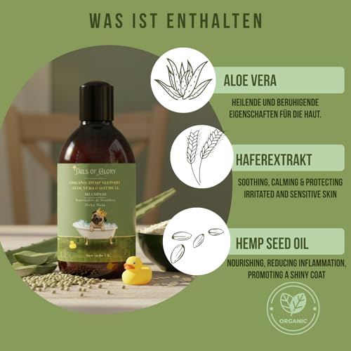 Tails of Glory Organisch & Natürliches Hundeshampoo Hanföl, Aloe Vera, Hafer, Juckreiz, Geruch, Sensitiv, Langhaar, Vegan, Ohne Sulfate