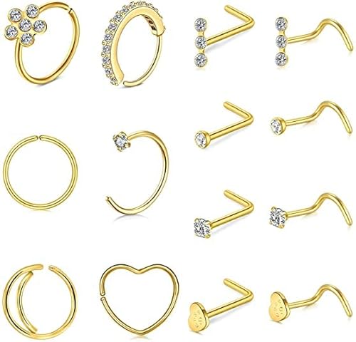 Mayhoop 20g Piercing Nariz L Forma Anillo Nariz Acero quirurgico Diamante Corazon Piercing Joyas para Mujeres Hombres Oro Cover