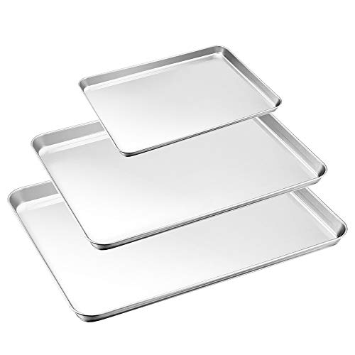 Baking Tray Set of 3, HaWare 18/0 Stainless Steel Baking Pans, Toaster Oven Tray, Cookie Sheet, Non Toxic & Healthy, Mirror Finish & Less Stick, Easy Clean & Dishwasher Safe - (3 Different Sizes)