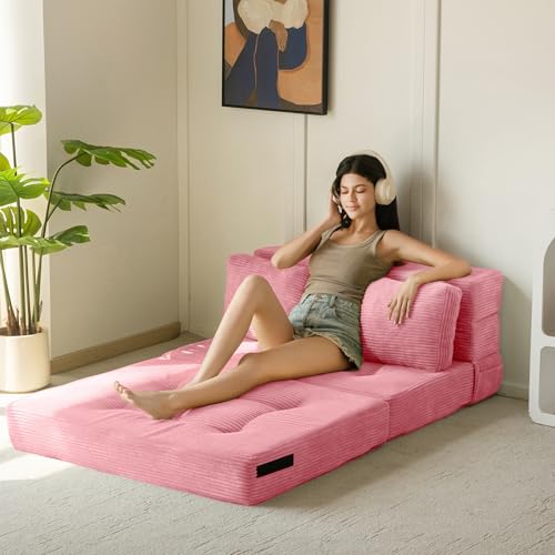 Image of MAXYOYO Convertible Sofa Bed, Fold Out Sofa Couch with Pillow, 4 in 1 Tufted Folding Couch Bed Foam Floor Couch, Lazy Chair for Living Room Bedroom Guest Room, Pink