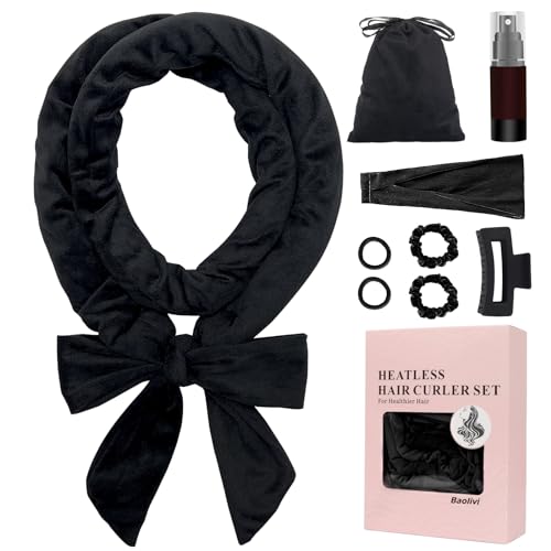 Baolivi Velours Boucle Bandeau Boucleur de Cheveux sans Chaleur Doux, Heatless Hair Curlers Création de Boucles Naturelles Sans Chaleur, Bigoudis Cheveux Kit S'applique aux Femmes et aux Filles,Noir