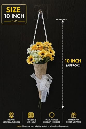 Image of SATYAM KRAFT 1 Pcs Artificial Daisy Flower Bouquet with Pearl Handle | Decorative Wall Hanging Floral Arrangement for Home Decor, Living Room, Gifting & Festive Decoration (Yellow)