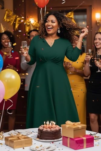 Image of Nmoder Women's Plus Size Stretchy Flared Wrap Dress Casual Wedding Guest Midi Dresses V Neck 3 /4 Sleeve A-Line Swing Dress