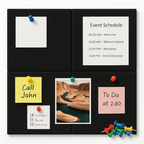 Image of Panchhi Store 4 Pcs Adhesive Notice Board Black Bulletin Board with 25 Drawing Pins Felt Message Board for Paste Notes, Photos, Schedules - Pin Board for Study Room, Office, Home, School, Restaurant