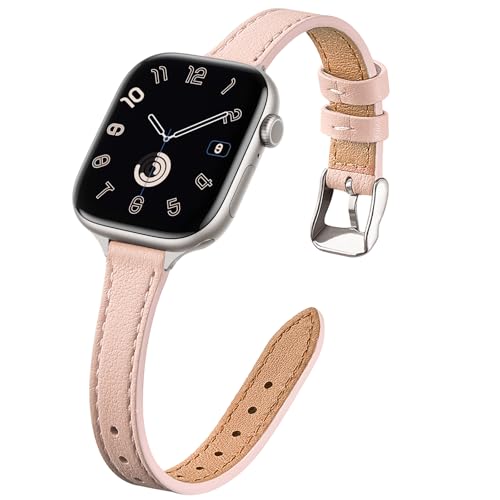 Image of STIROLL Slim Leather Bands Compatible with Apple Watch Band 38mm 40mm 41mm 42mm 44mm 45mm 49mm,Top Grain Leather Watch Thin Wristband for iWatch Ultra SE Series 8 /7 /6 /5 /4 /3 /2 /1(Pale pink with Silver)