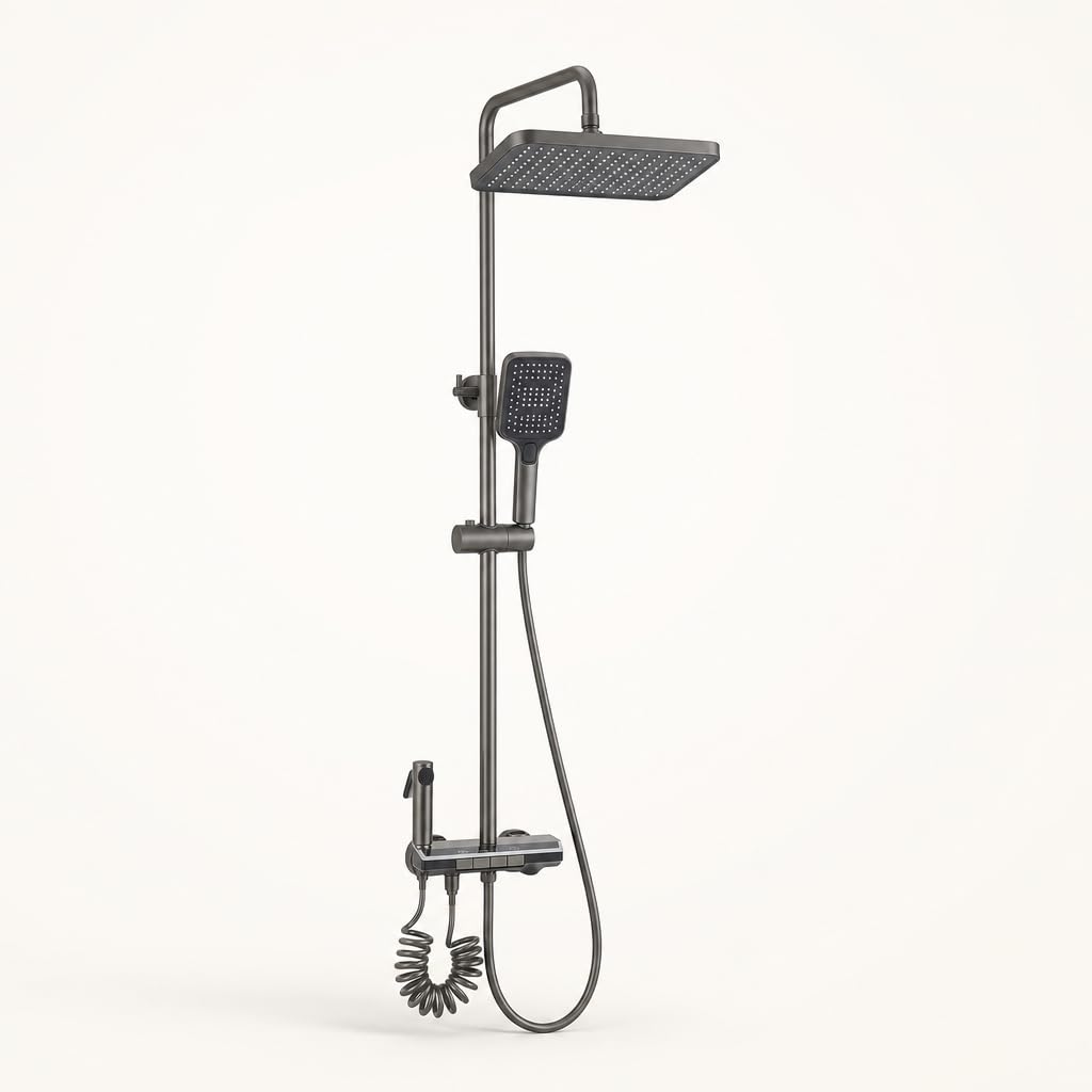 Ducha Termostática con Lluvia, Ducha de Mano, Aspersor Bidé y Control Digital de Temperatura – Columna de Ducha Multifunción Antracita con Tecnología Jet Air, Altura Regulable y Cambio de Función