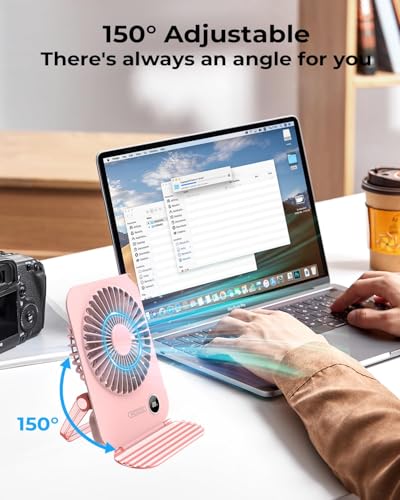 Image of ARCTICOOL Small Table Fan with LED Display, 2000mAh Battery Rechargeable Fan with 5 Speeds, 5.8 Inch Mini Desktop Fan with 180 Tilt Folding and Phone Stand for Home and Office (Light Pink)