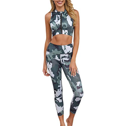 Female Fitness Suit Yoga Exercise Clothing Indoor Sports Clothes Outdoor Jogging Sportswear Camouflage Print Design Sleeveless Vest and Leggings Pants Camouflage-L