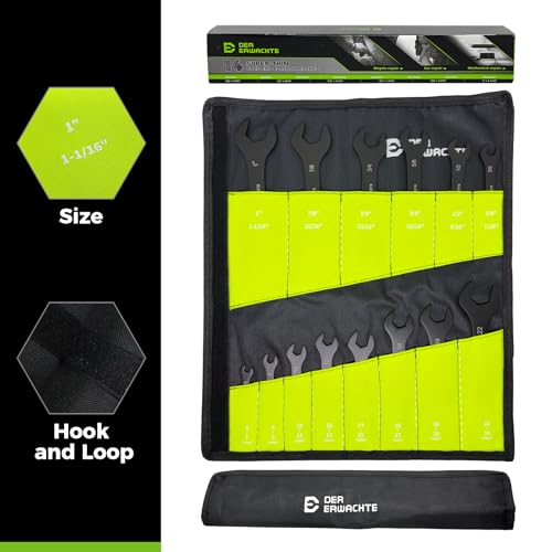 Image of Der Erwachte Super-Thin Open End Wrench Set, 14-Piece SAE & Metric Sizes, 6mm to 24mm, 3 /8 inch to 1-1 /16 inch, Black Electrophoretic Coating, Ultra-Slim with Mechanic Rolling Pouch