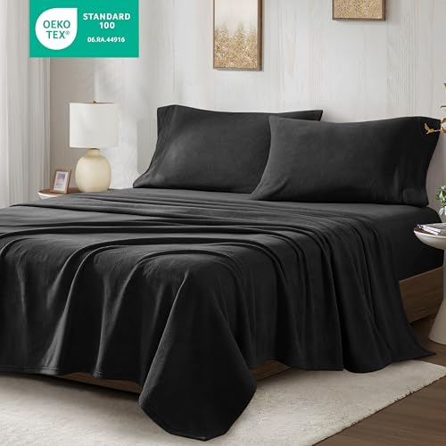 Image of True North by Sleep Philosophy Micro Fleece Bed Sheet Set, Warm, Sheets with 14 inch Deep Pocket, for Cold Season Cozy Sheet-Set, Matching Pillow Case, Cal King, Black, 4 Piece