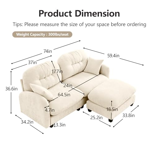 Image of KEIKI 74 inch L-Shaped Oversized Chenille Modular Sectional Loveseat Sofa with 1 Ottoman, High-Density Foam Cushions, Tufted Pleated Cushion Backrest, 2-Seater Couch with 2 Pillow, for Living Room, Beige