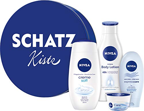 NIVEA Geschenkdose Schatzkiste, Geschenkset für Frauen mit Pflegedusche, Hand Creme, Body Lotion & Pflege Creme, pflegendes Weihnachtsgeschenke Set