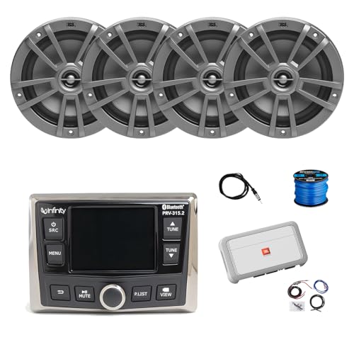 Infinity Marine Gauge Style Bluetooth AM/FM/WB Radio, 4X 6.5 180 Watt 2-Way Multi-Element Audio Speakers (Gray), Wire, Antenna, 4-Channel Amplifier w/Kit